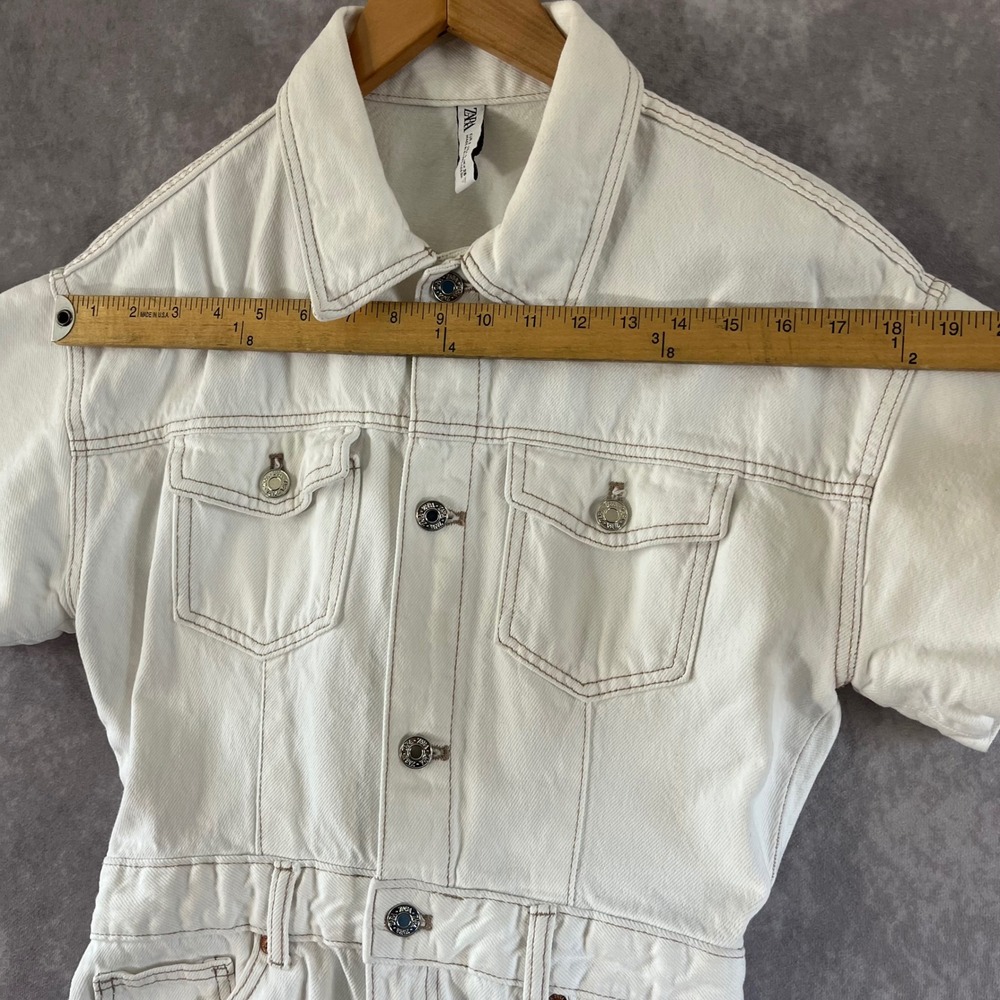 Zara Denim Romper Womens Size Small White Contrast Stitch Short Sleeve Utility - Picture 4 of 11